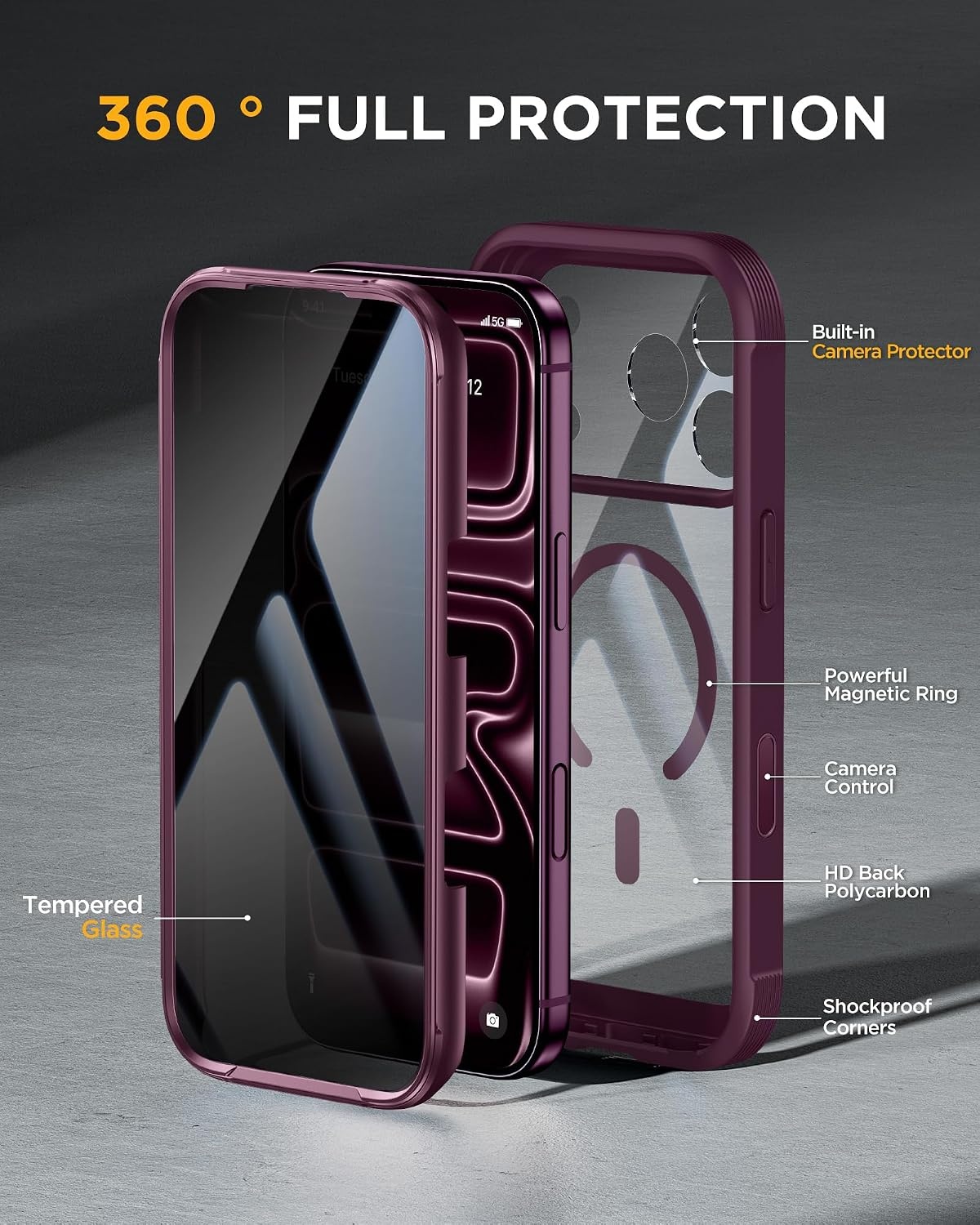 image:imageMiracase for iPhone 18 Pro Case with Privacy Screen Protector BlackBurgundy