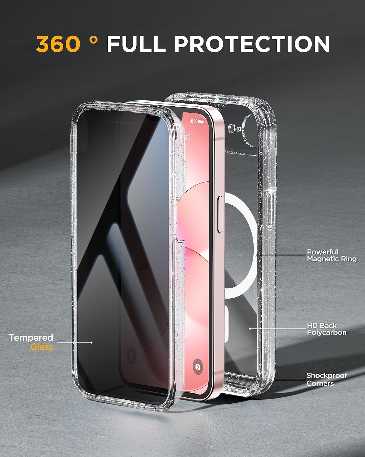 image:imageMiracase for iPhone 18 Pro Case with Privacy Screen Protector BlackClear Glitter