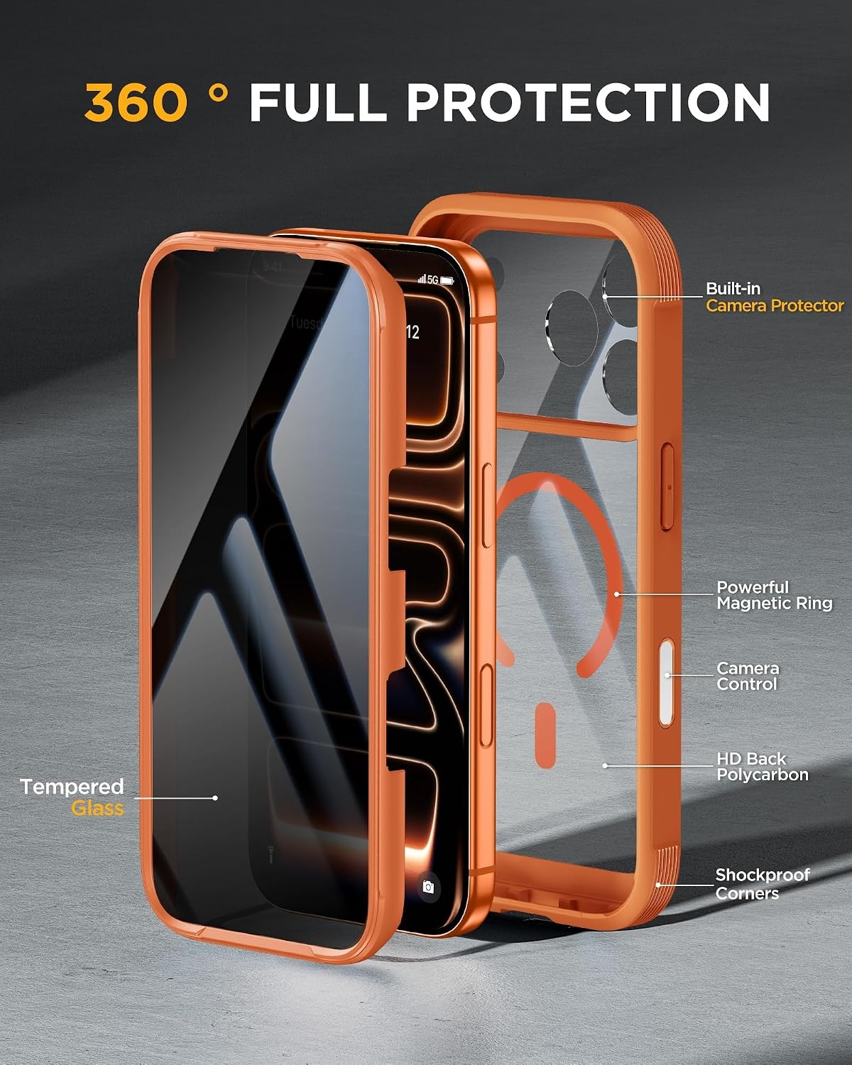 image:imageMiracase for iPhone 18 Pro Case with Privacy Screen Protector BlackCosmic Orange