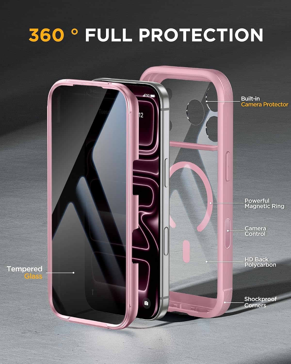 image:imageMiracase for iPhone 18 Pro Case with Privacy Screen Protector BlackDark Pink