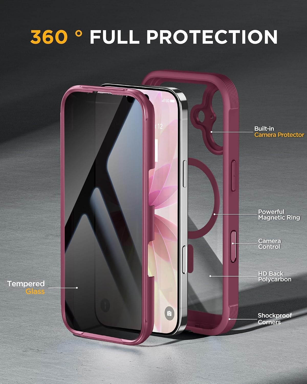 image:imageMiracase for iPhone 18 Pro Case with Privacy Screen Protector BlackDeep Magenta