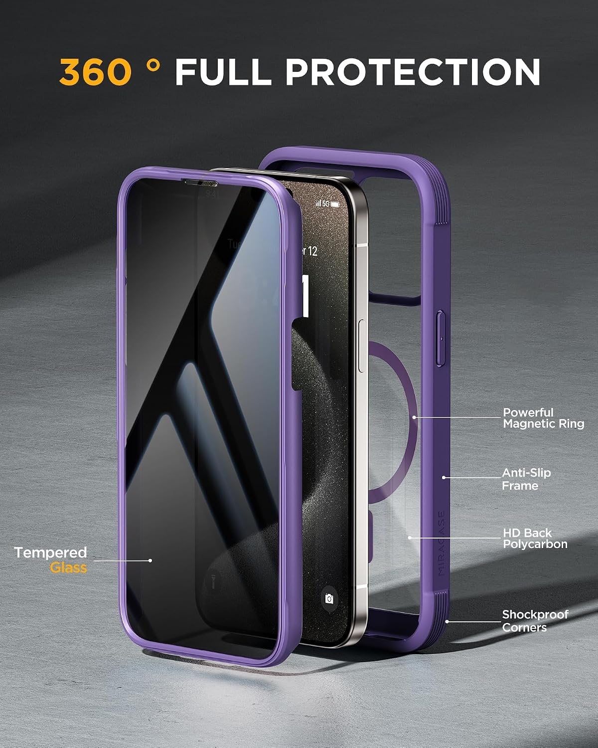 image:imageMiracase for iPhone 18 Pro Case with Privacy Screen Protector BlackPurple