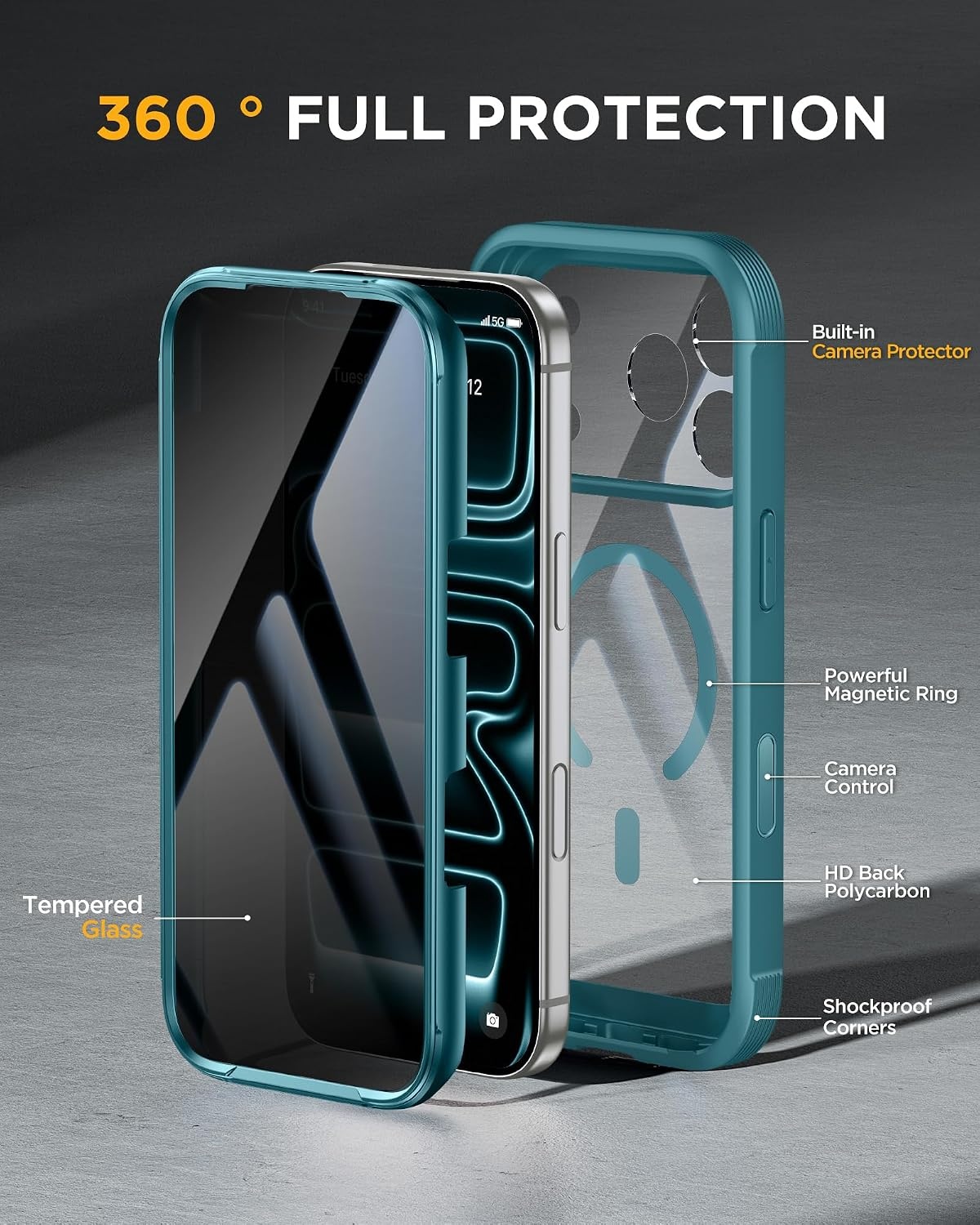 image:imageMiracase for iPhone 18 Pro Case with Privacy Screen Protector BlackTeal