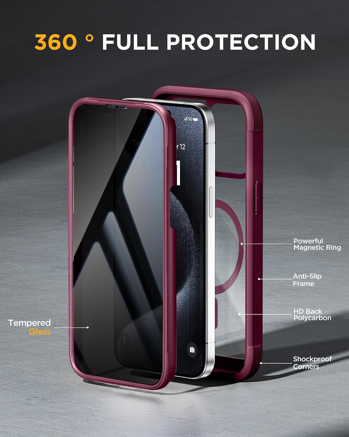 image:imageMiracase for iPhone 18 Pro Case with Privacy Screen Protector BlackWine Red