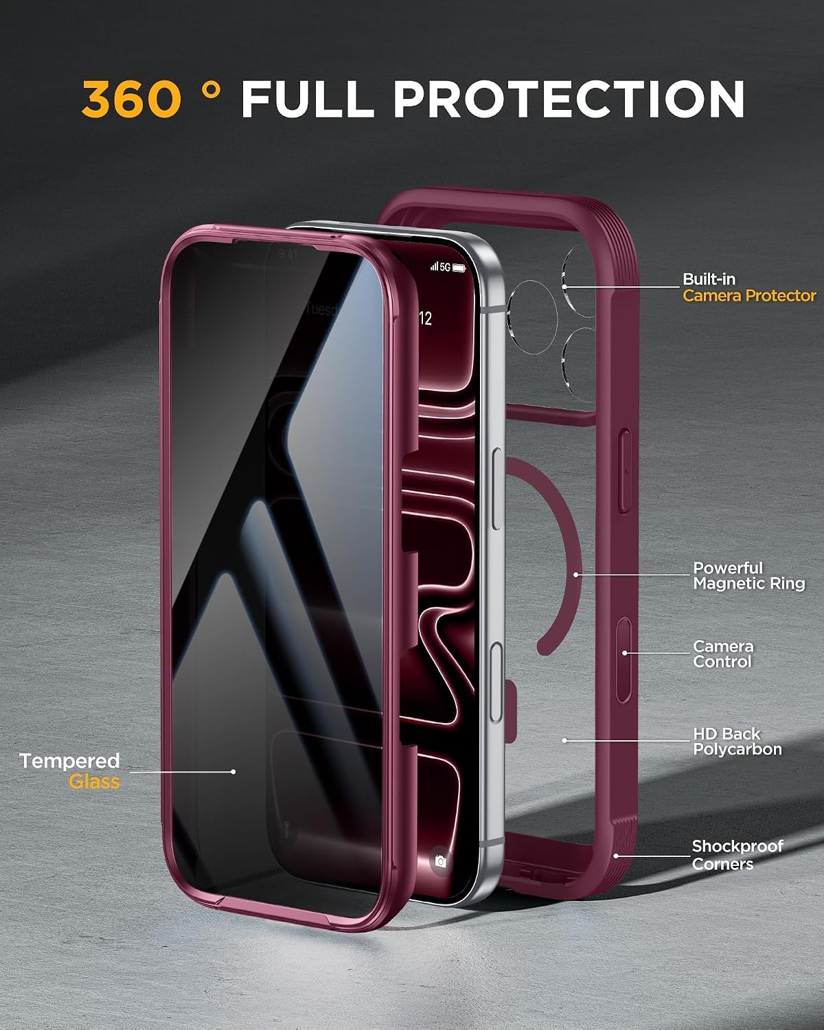 image:imageMiracase for iPhone 18 Pro Case with Privacy Screen Protector BlackWine Red