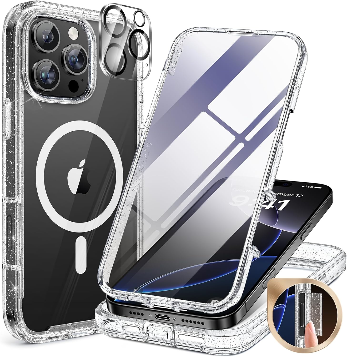 image:imageMiracase for iPhone SE Phone Case 3rd2nd Generation 2022 2020 FullBody with Builtin Glass Screen Protector Heavy Duty 360 Protective Shockproof Bumper Cover for iPhone 8SE BlackMagnetic Clear Glitter