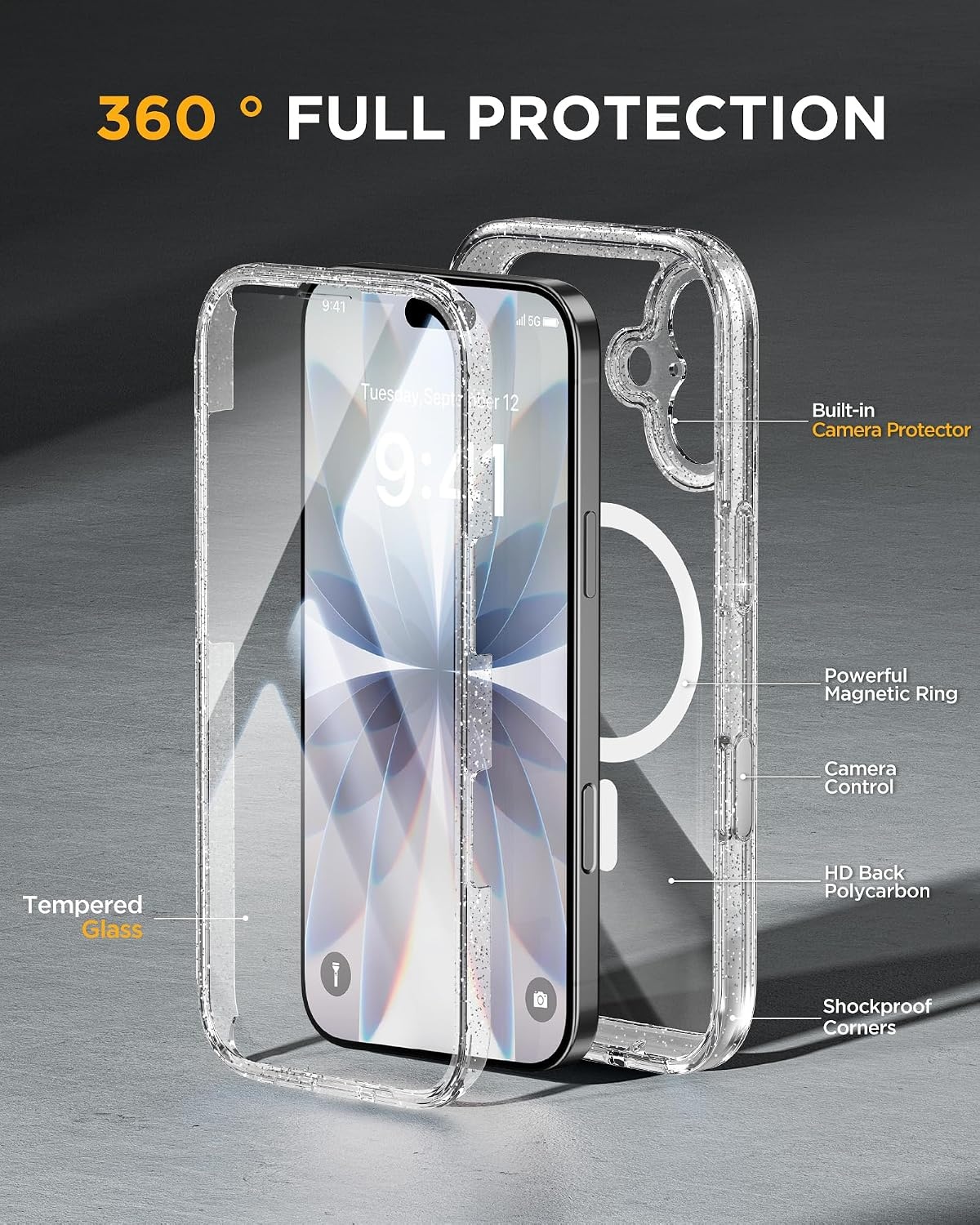 image:imageMiracase for iPhone SE Phone Case 3rd2nd Generation 2022 2020 FullBody with Builtin Glass Screen Protector Heavy Duty 360 Protective Shockproof Bumper Cover for iPhone 8SE BlackClear Glitter