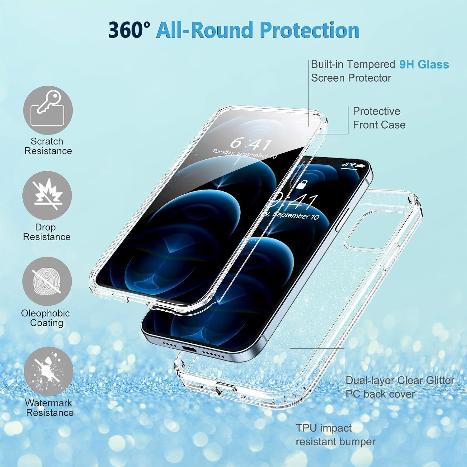image:imageMiracase for iPhone SE Phone Case 3rd2nd Generation 2022 2020 FullBody with Builtin Glass Screen Protector Heavy Duty 360 Protective Shockproof Bumper Cover for iPhone 8SE BlackClear Glitter