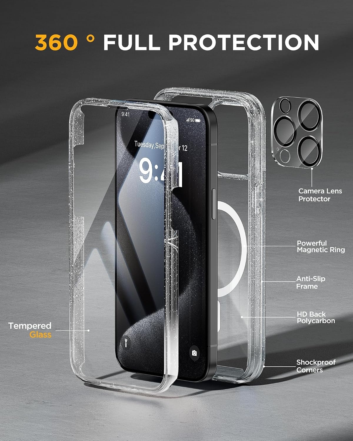 image:imageMiracase for iPhone SE Phone Case 3rd2nd Generation 2022 2020 FullBody with Builtin Glass Screen Protector Heavy Duty 360 Protective Shockproof Bumper Cover for iPhone 8SE BlackMagnetic Clear Glitter