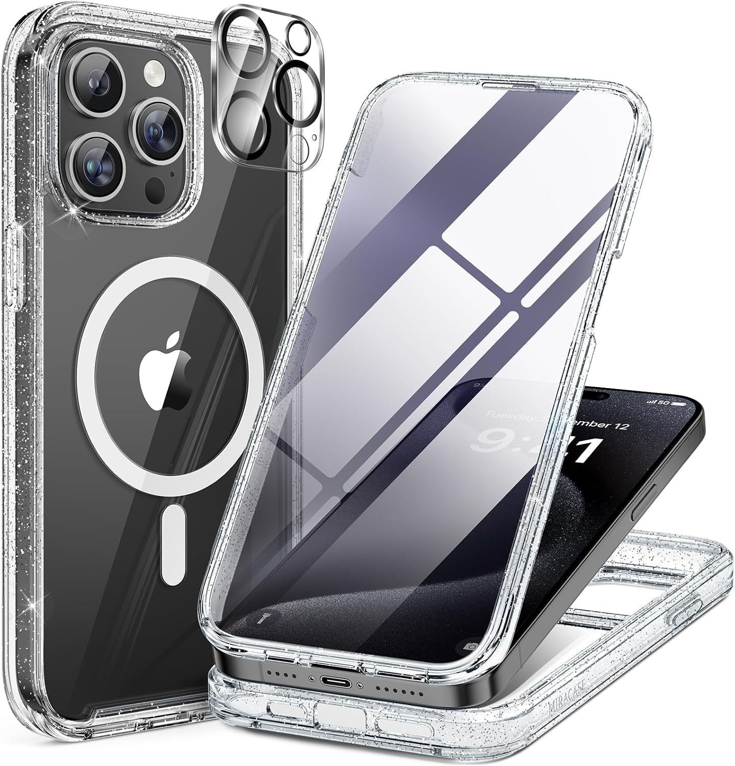 image:imageMiracase for iPhone SE Phone Case 3rd2nd Generation 2022 2020 FullBody with Builtin Glass Screen Protector Heavy Duty 360 Protective Shockproof Bumper Cover for iPhone 8SE BlackMagnetic Clear Glitter