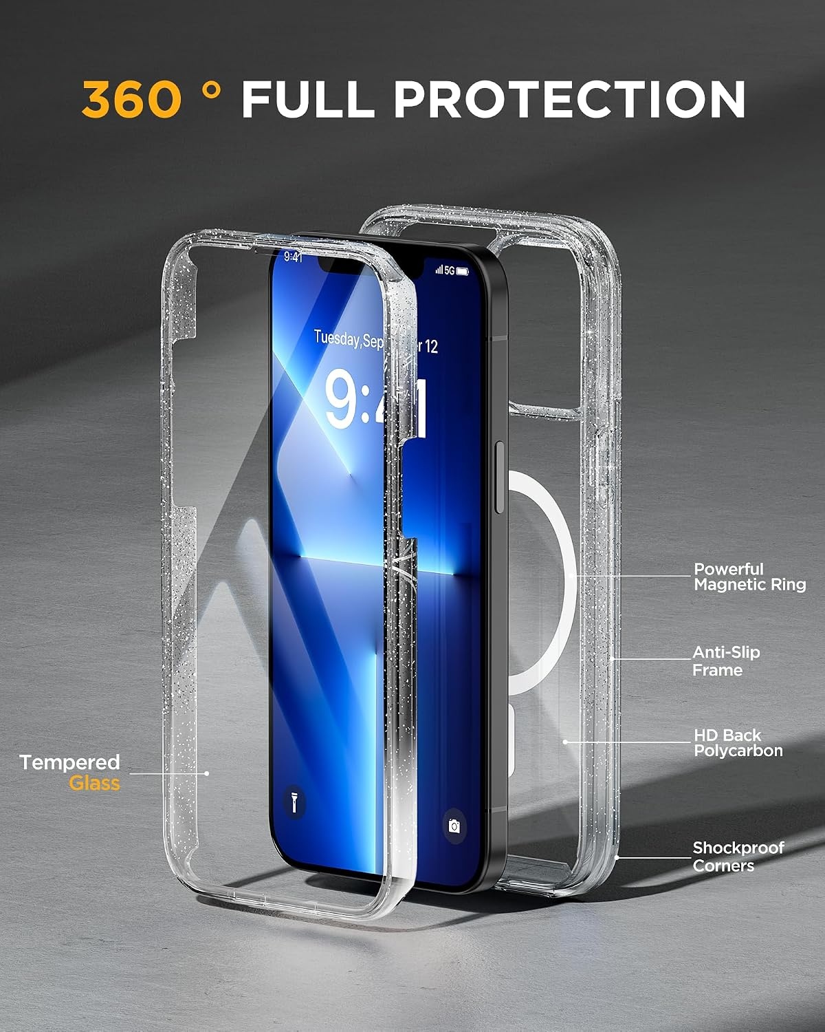 image:imageMiracase for iPhone SE Phone Case 3rd2nd Generation 2022 2020 FullBody with Builtin Glass Screen Protector Heavy Duty 360 Protective Shockproof Bumper Cover for iPhone 8SE BlackMagnetic Clear Glitter