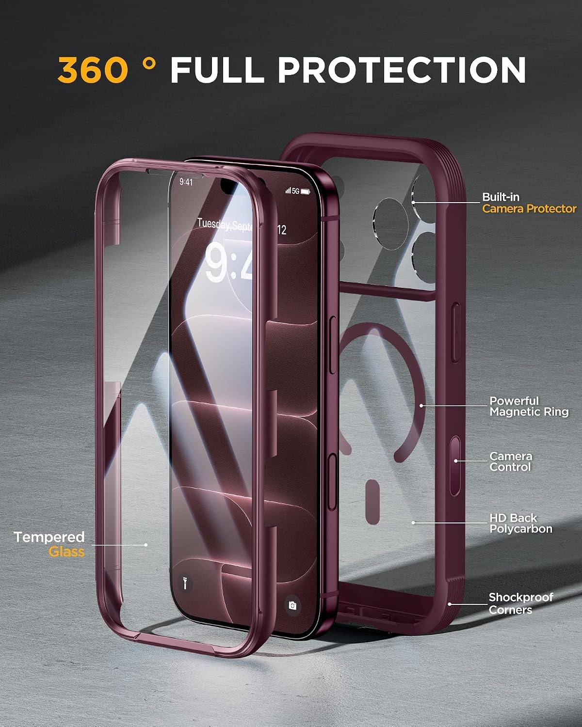 image:imageMiracase for iPhone SE Phone Case 3rd2nd Generation 2022 2020 FullBody with Builtin Glass Screen Protector Heavy Duty 360 Protective Shockproof Bumper Cover for iPhone 8SE BlackBurgundy
