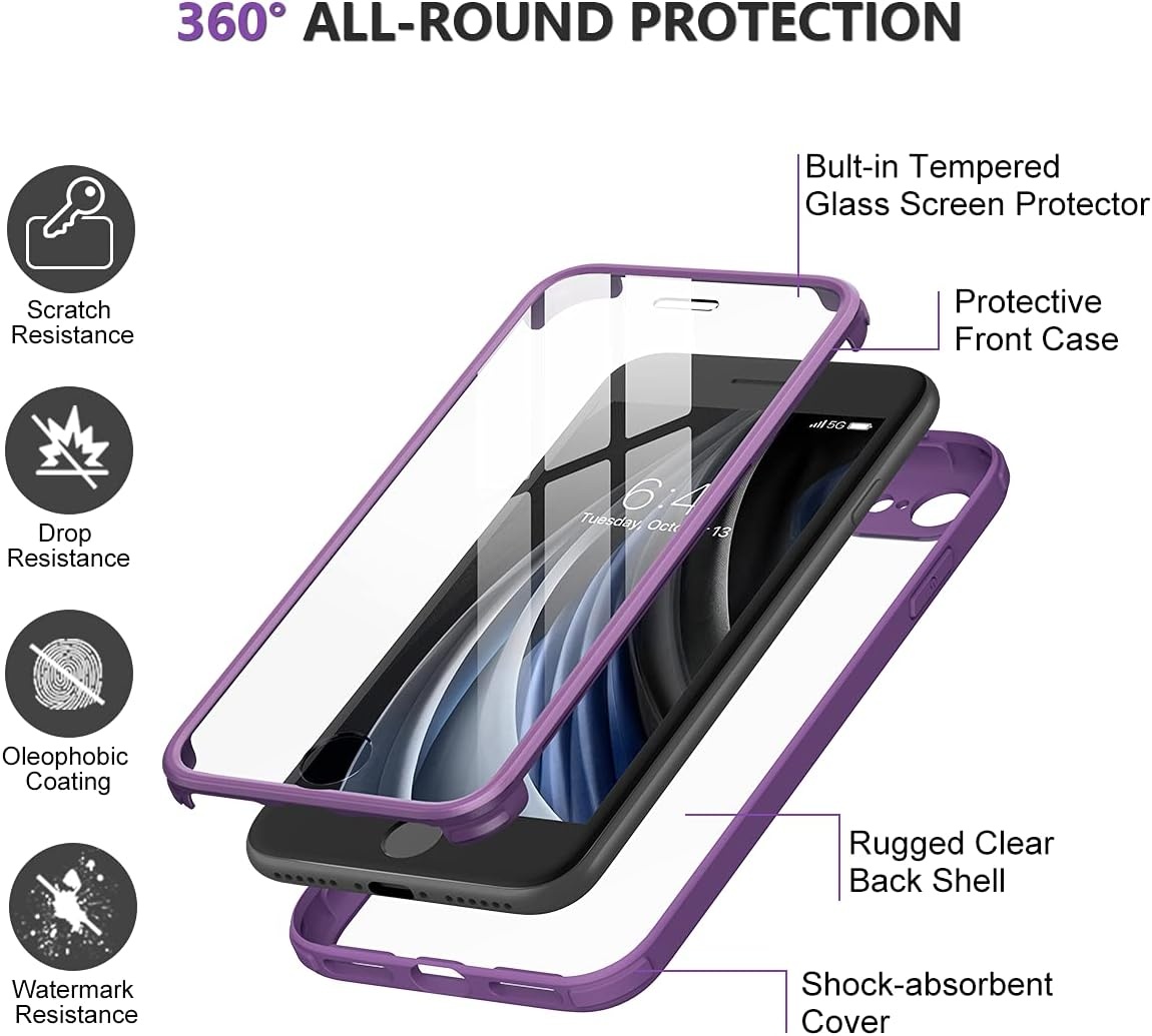 image:imageMiracase for iPhone SE Phone Case 3rd2nd Generation 2022 2020 FullBody with Builtin Glass Screen Protector Heavy Duty 360 Protective Shockproof Bumper Cover for iPhone 8SE BlackPurple