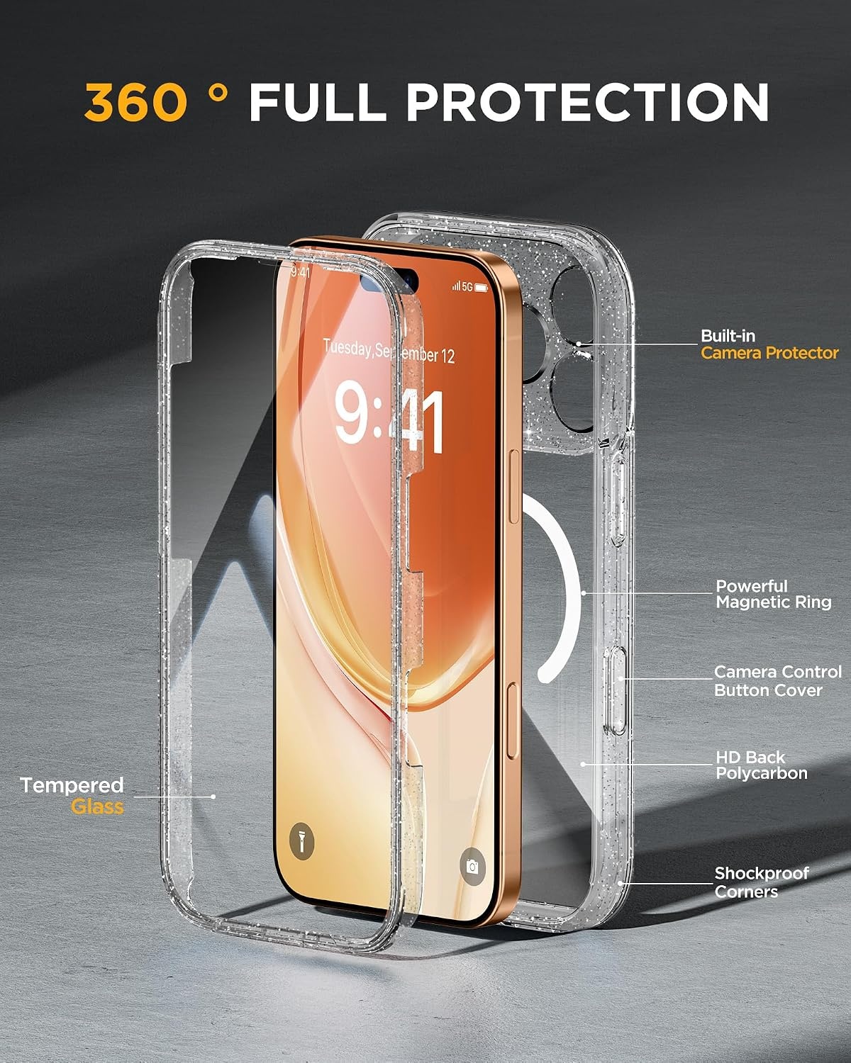 image:imageMiracase for iPhone SE Phone Case 3rd2nd Generation 2022 2020 FullBody with Builtin Glass Screen Protector Heavy Duty 360 Protective Shockproof Bumper Cover for iPhone 8SE BlackClear Glitter