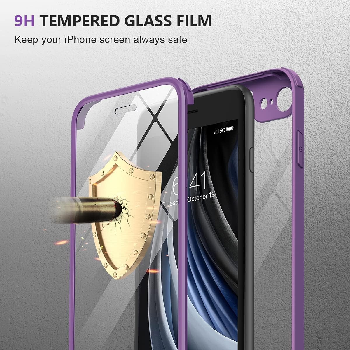 image:imageMiracase for iPhone SE Phone Case 3rd2nd Generation 2022 2020 FullBody with Builtin Glass Screen Protector Heavy Duty 360 Protective Shockproof Bumper Cover for iPhone 8SE BlackPurple
