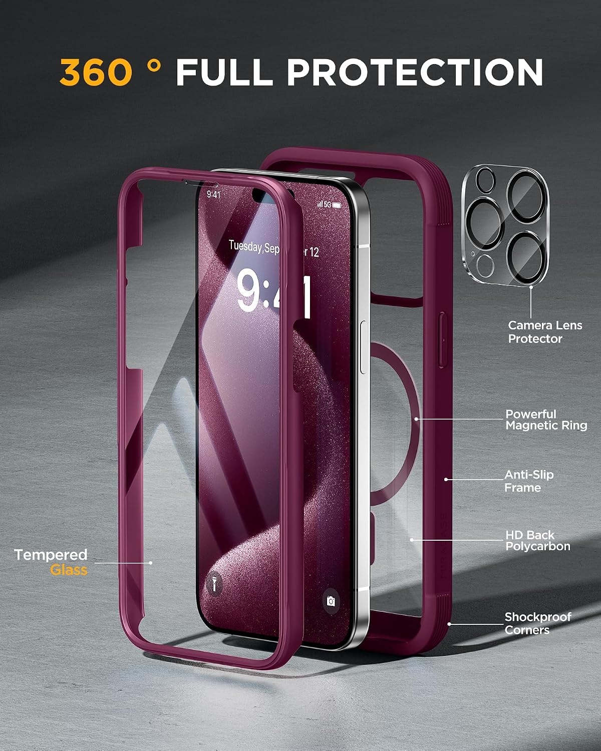 image:imageMiracase for iPhone SE Phone Case 3rd2nd Generation 2022 2020 FullBody with Builtin Glass Screen Protector Heavy Duty 360 Protective Shockproof Bumper Cover for iPhone 8SE BlackMagnetic Plum