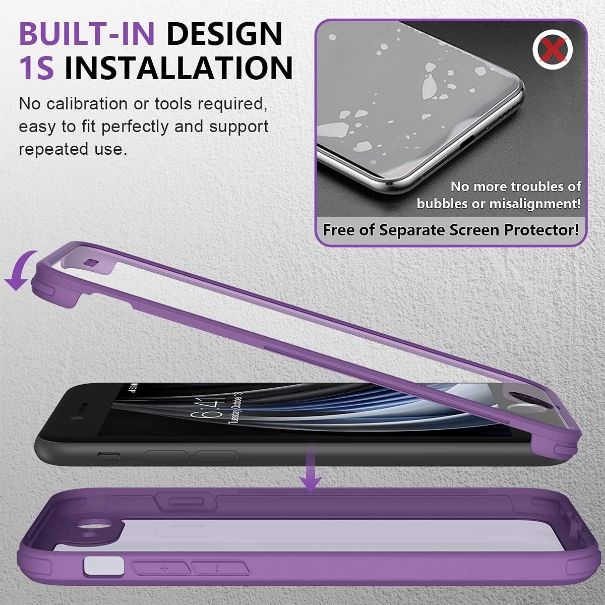 image:imageMiracase for iPhone SE Phone Case 3rd2nd Generation 2022 2020 FullBody with Builtin Glass Screen Protector Heavy Duty 360 Protective Shockproof Bumper Cover for iPhone 8SE BlackPurple
