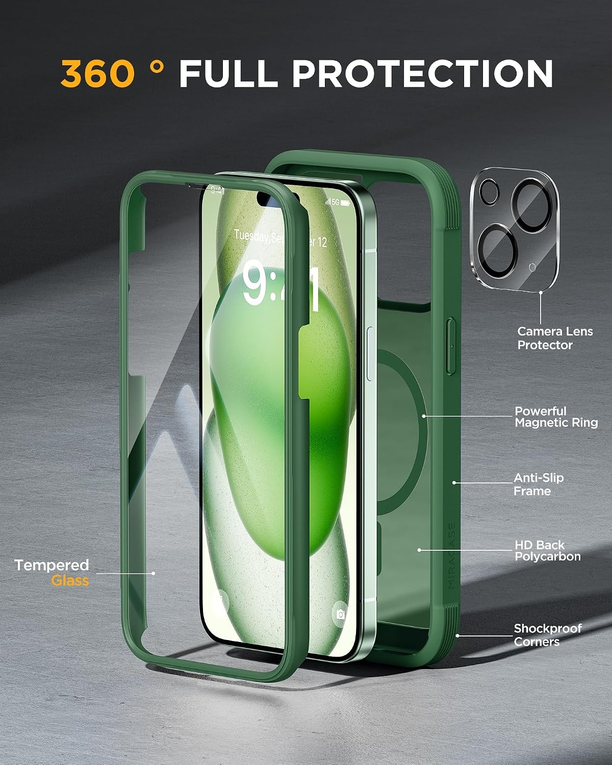 image:imageMiracase for iPhone SE Phone Case 3rd2nd Generation 2022 2020 FullBody with Builtin Glass Screen Protector Heavy Duty 360 Protective Shockproof Bumper Cover for iPhone 8SE BlackMagnetic Matte Green