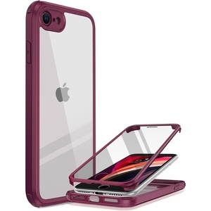 Miracase for iPhone SE Phone Case 3rd/2nd Generation 2022 2020 Full-Body with Built-in Glass Screen Protector, Heavy Duty 360° Protective Shockproof Bumper Cover for iPhone 8/SE, Black(Wine Red)