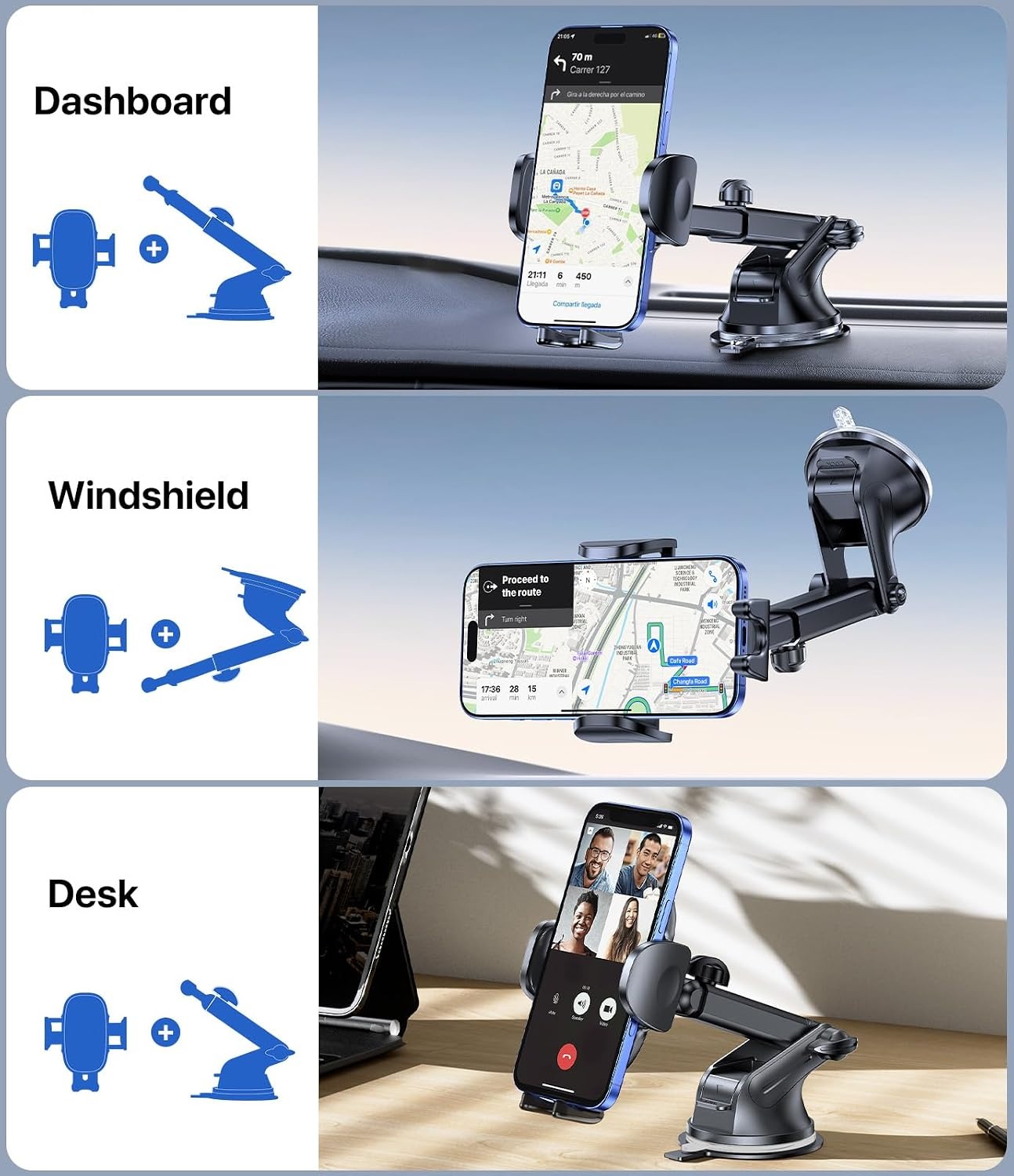 image:imageMiracase Phone Holders for Your Car Dashboard Windshield 65LBS Strongest Suction Universal Long Arm Cell Phone Holder Automobile Cradle for iPhone 18 Pro Max 17 16 15 14 Android Garmin GPSDeep Black