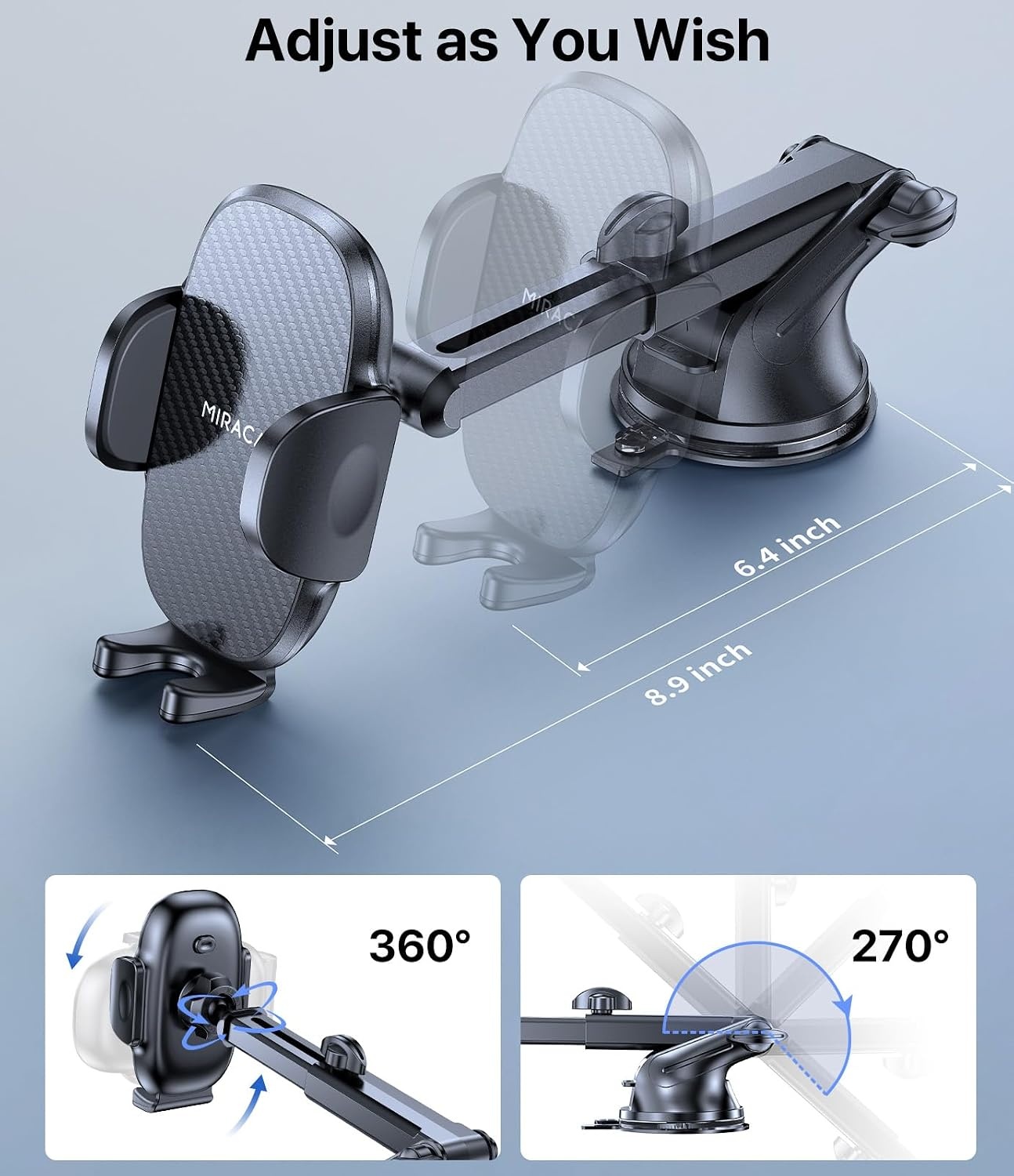 image:imageMiracase Phone Holders for Your Car Dashboard Windshield 65LBS Strongest Suction Universal Long Arm Cell Phone Holder Automobile Cradle for iPhone 18 Pro Max 17 16 15 14 Android Garmin GPSDeep Black